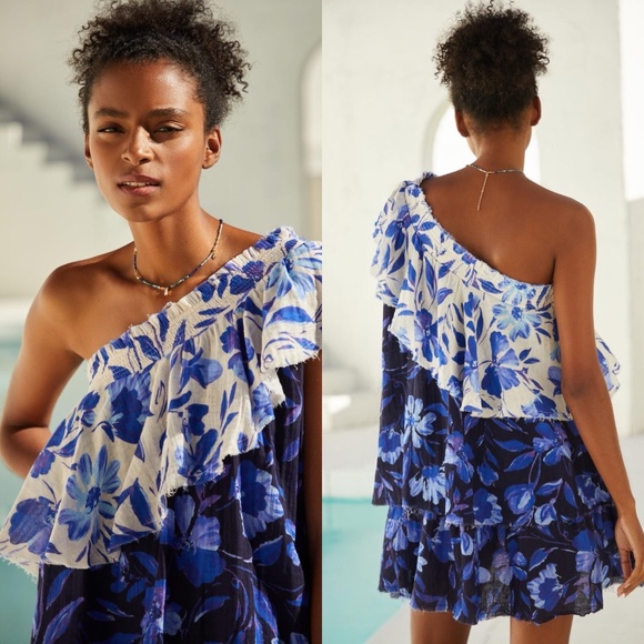 By Anthropologie Easy One-Shoulder Dress Cotton Gauze, Boho, Beach, Blue,M - Picture 2 of 11